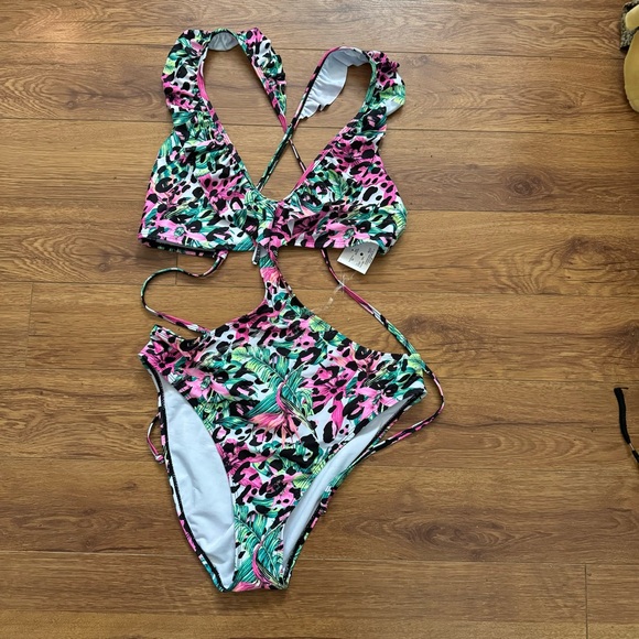 NWT Bathing Suit Monokini Floral Leopard Print - Picture 1 of 5